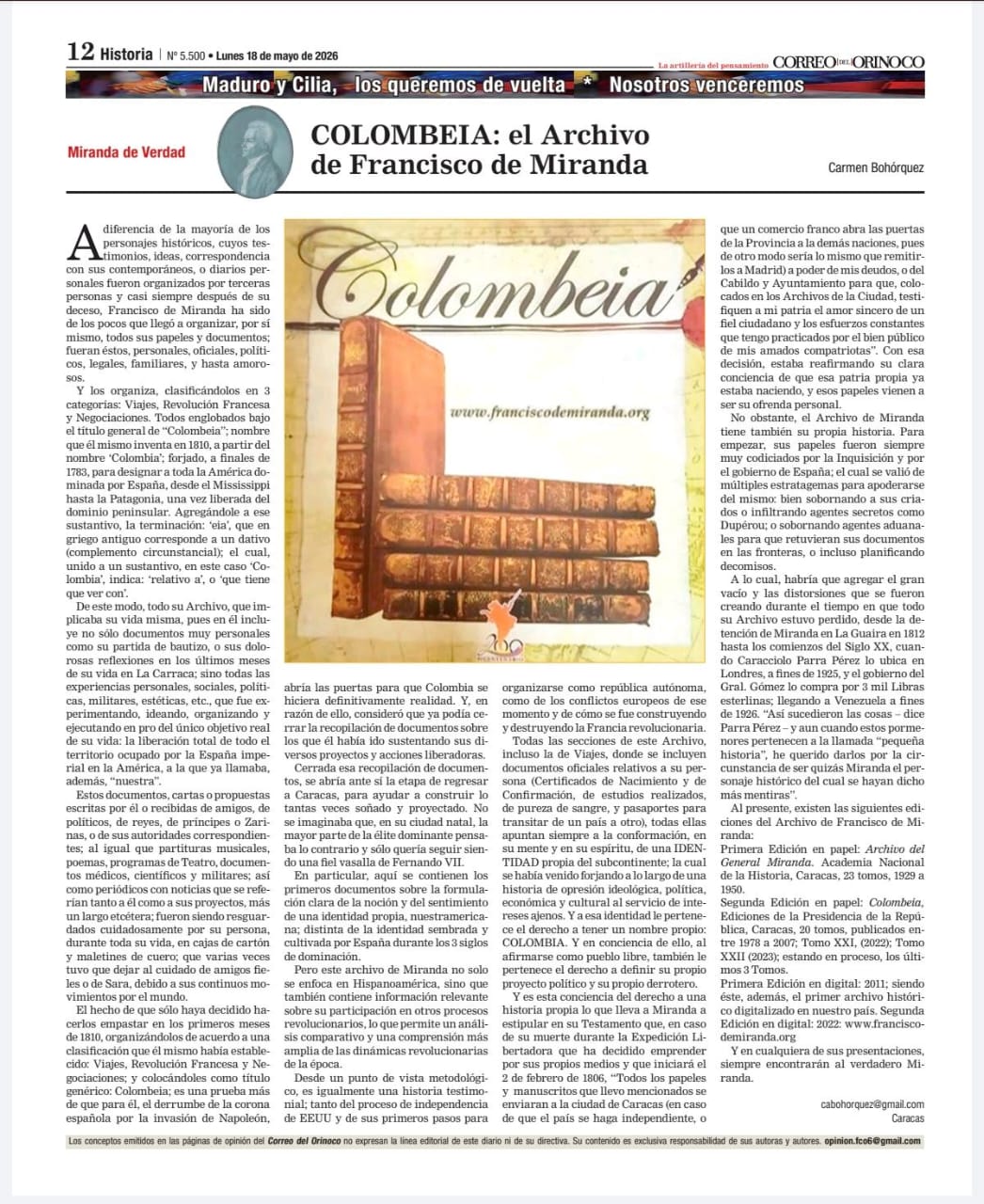 COLOMBEIA: EL ARCHIVO DE FRANCISCO MIRANDA – CARMEN BOHÓRQUEZ