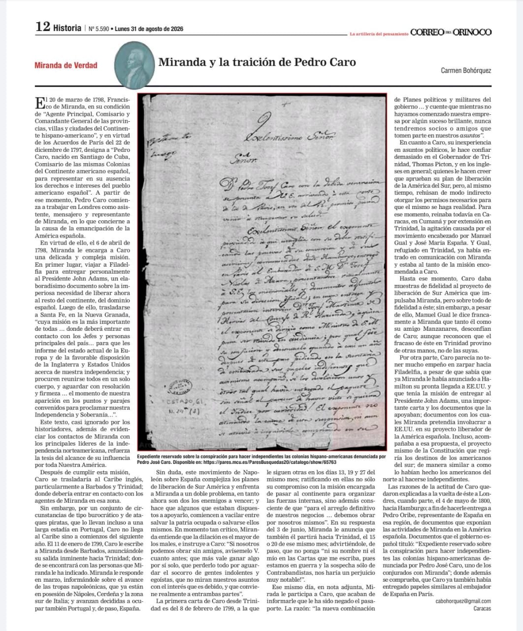 Miranda y la traición de Pedro Caro – Carmen Bohórquez