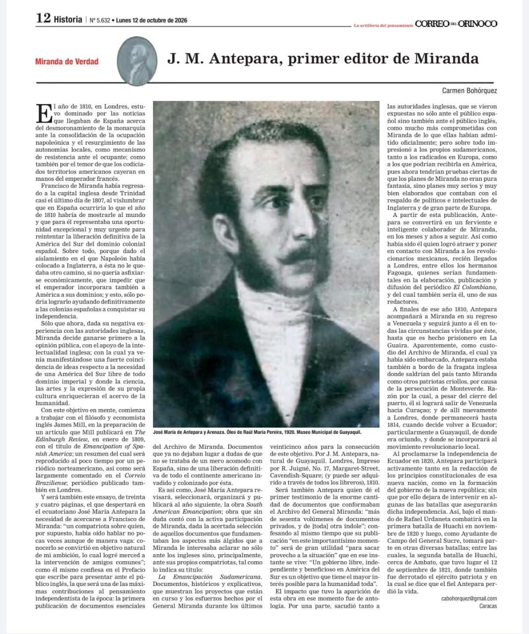 J. M. Antepara, primer editor de Miranda – Carmen Bohórquez